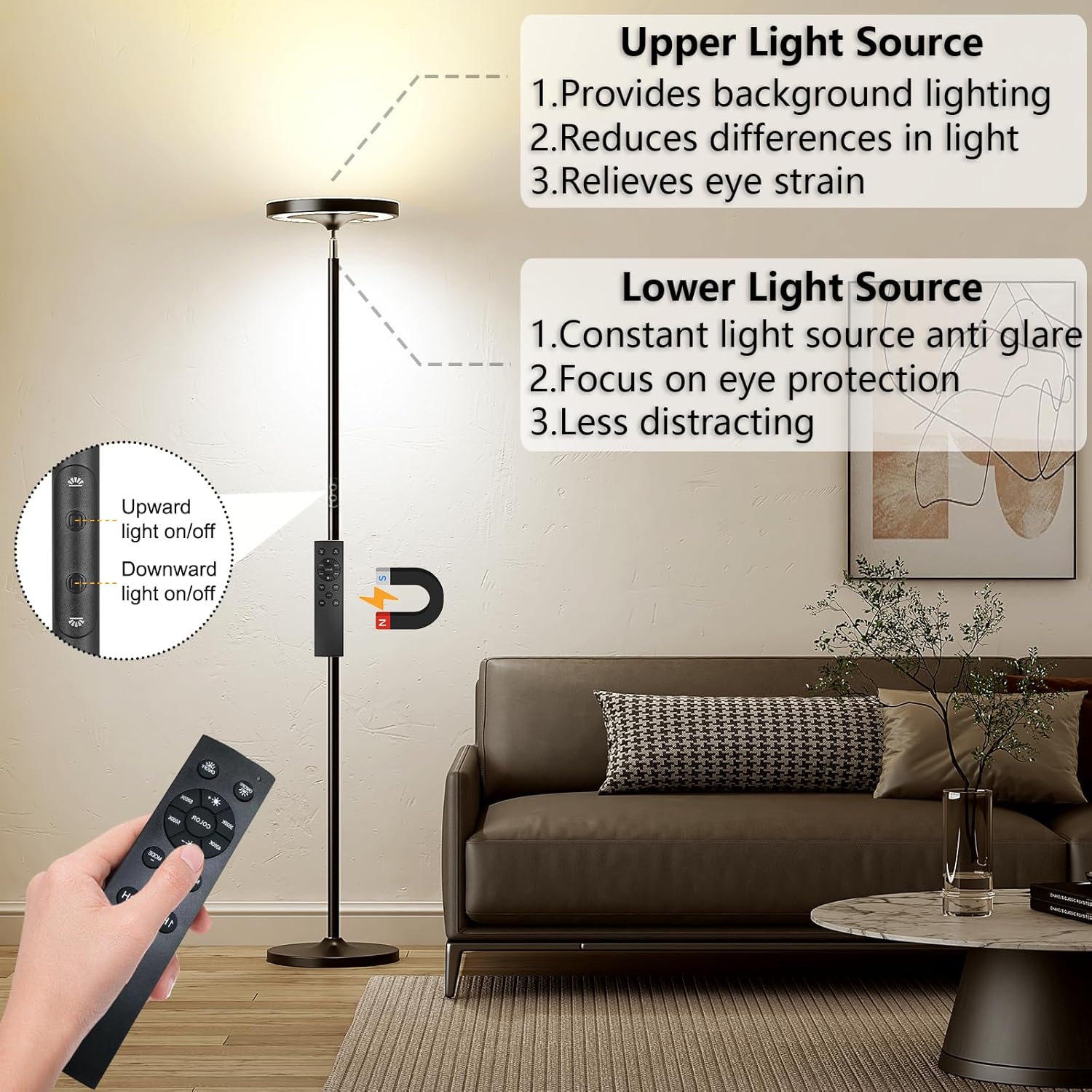 Keepsmile Double Side Lighting Led Floor Lamp with Remote Smart App 36W/2600LM Bright Tall Standing RGB Floor Lamp Angle Multicolor Dimmable Modern Floor Lamps for Livingroom Bedroom Office - Image 3