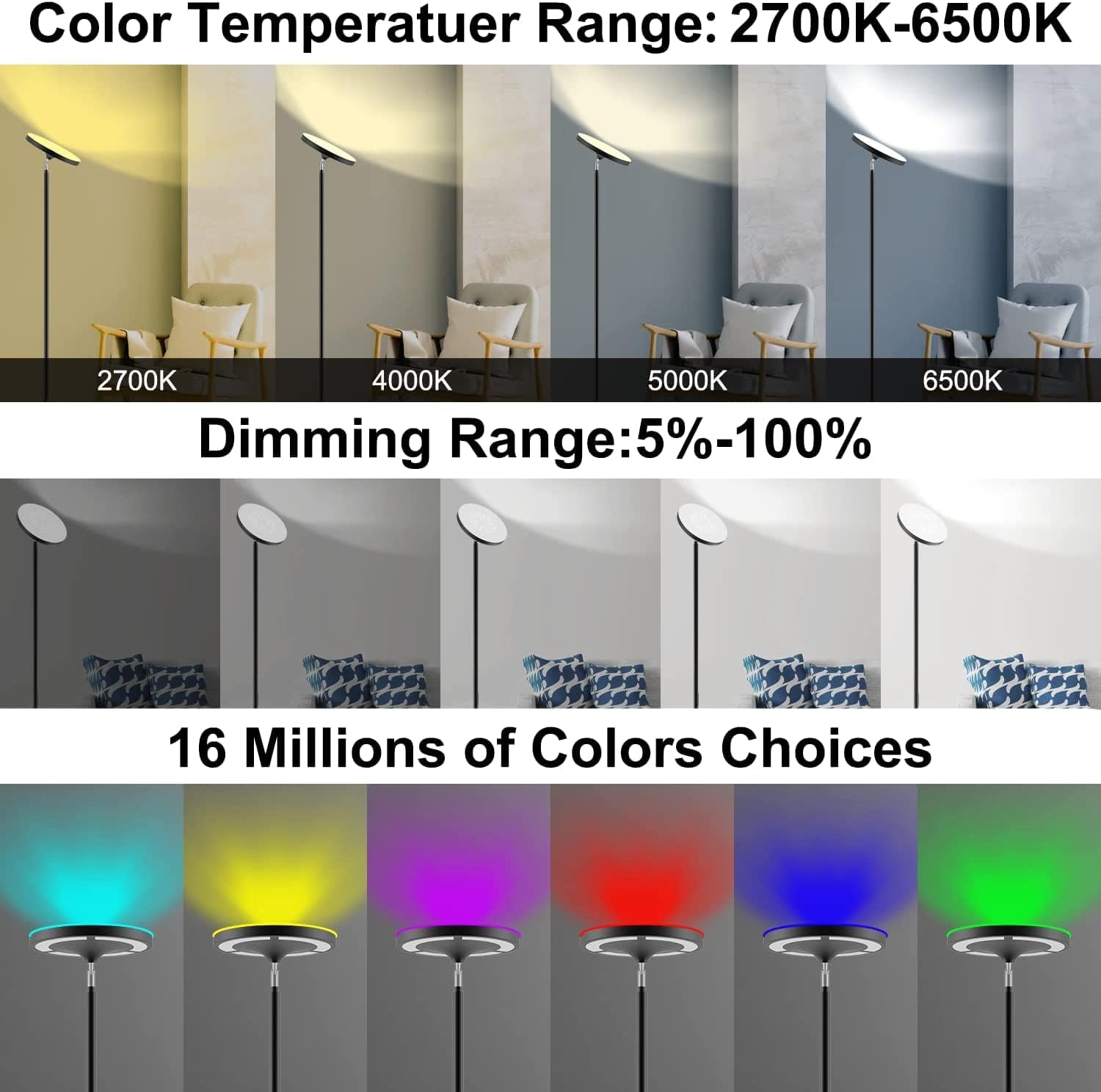 Keepsmile Double Side Lighting Led Floor Lamp with Remote Smart App 36W/2600LM Bright Tall Standing RGB Floor Lamp Angle Multicolor Dimmable Modern Floor Lamps for Livingroom Bedroom Office - Image 7