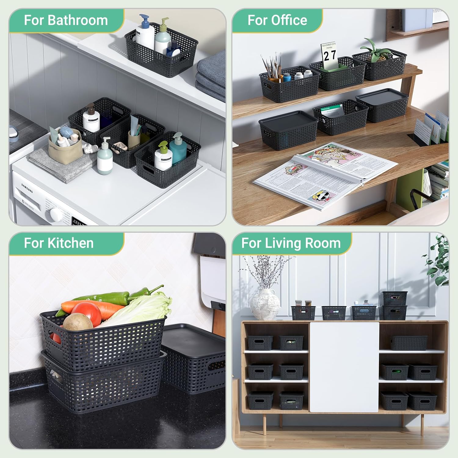 Plastic Storage Baskets with Lid-Plastic Storage Containers Stackable Storage bins: Storage Baskets for Organizing Shelves Drawers Desktop Closet Playroom Classroom Office, 8Pack-Black10.2x7.2x4.1Inch - Image 7