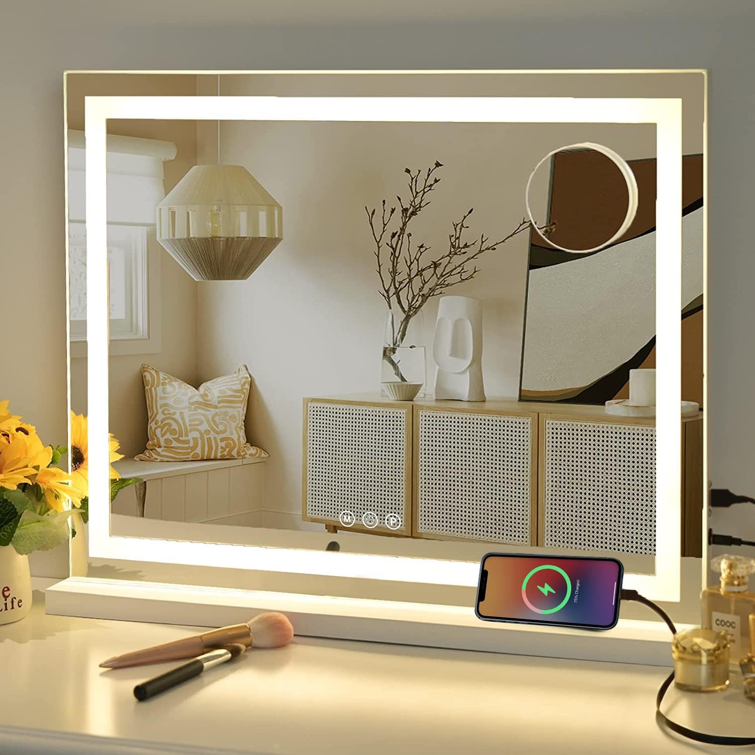 Vanity Mirror with Lights, 23" x 18" Makeup Mirror, Hollywood Mirror with 3 Color Modes & Adjustable Brightness, Detachable 10x Magnification and USB Charging Design (White)