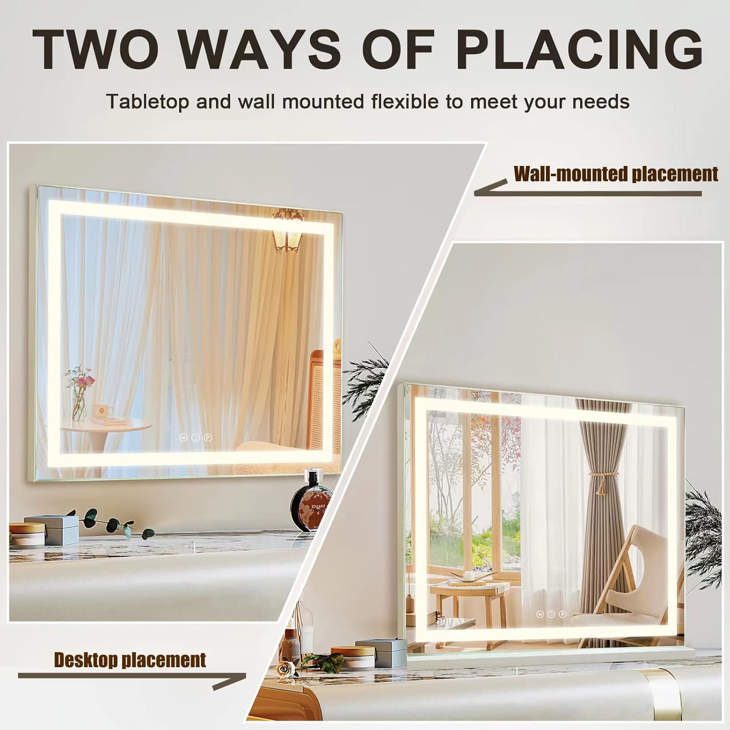 Vanity Mirror with Lights, 23" x 18" Makeup Mirror, Hollywood Mirror with 3 Color Modes & Adjustable Brightness, Detachable 10x Magnification and USB Charging Design (White) - Image 5