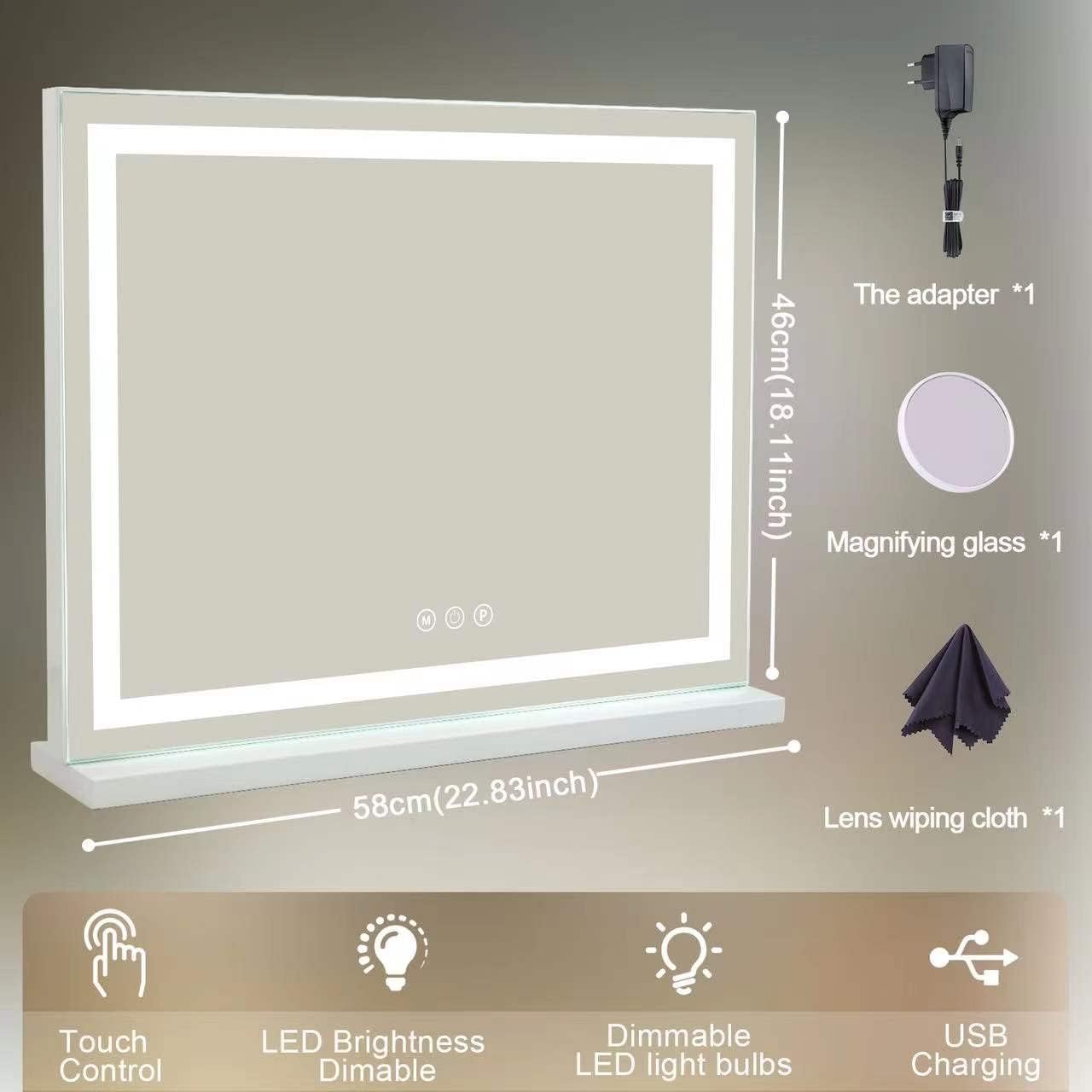 Vanity Mirror with Lights, 23" x 18" Makeup Mirror, Hollywood Mirror with 3 Color Modes & Adjustable Brightness, Detachable 10x Magnification and USB Charging Design (White) - Image 6
