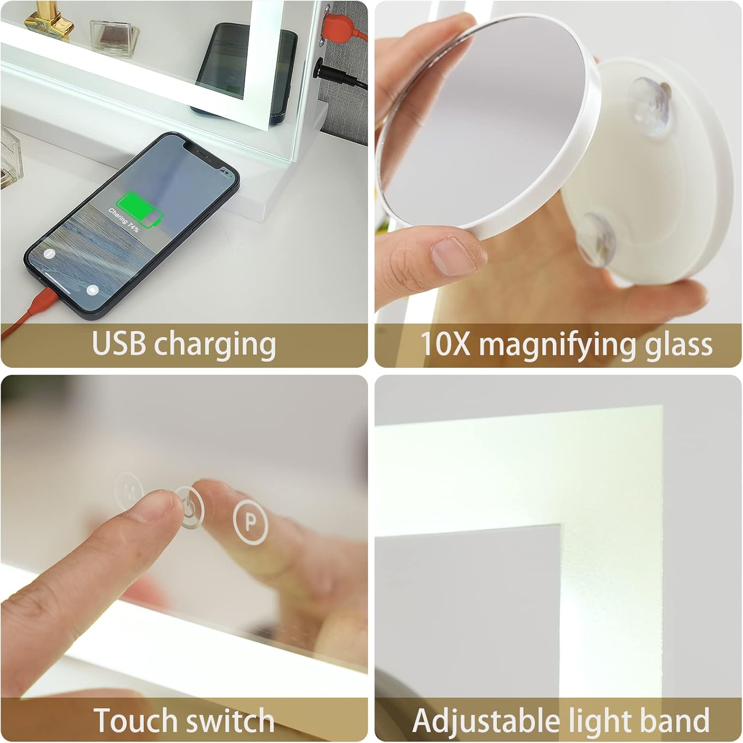 Vanity Mirror with Lights, 23" x 18" Makeup Mirror, Hollywood Mirror with 3 Color Modes & Adjustable Brightness, Detachable 10x Magnification and USB Charging Design (White) - Image 7