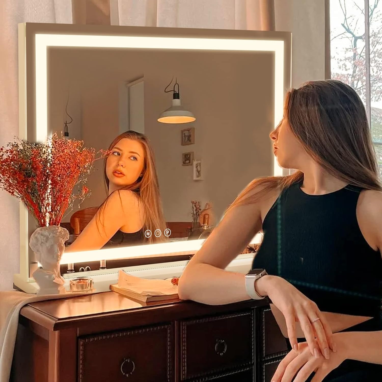 Vanity Mirror with Lights, 23" x 18" Makeup Mirror, Hollywood Mirror with 3 Color Modes & Adjustable Brightness, Detachable 10x Magnification and USB Charging Design (White) - Image 9